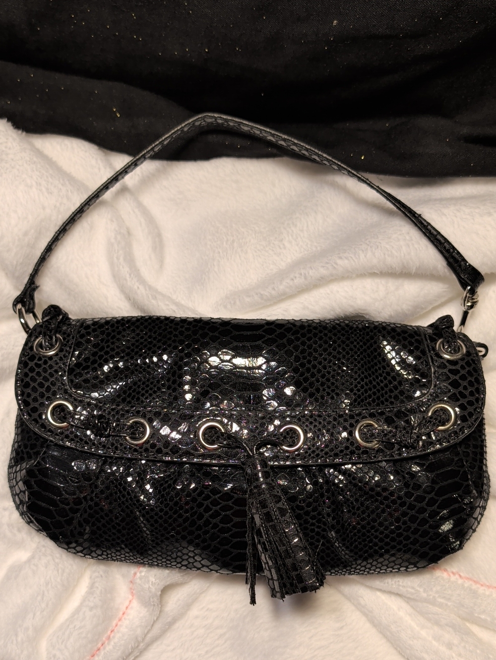 Black Patent Snake-Effect Shoulder Bag with Tassel Detail Silver Shiny